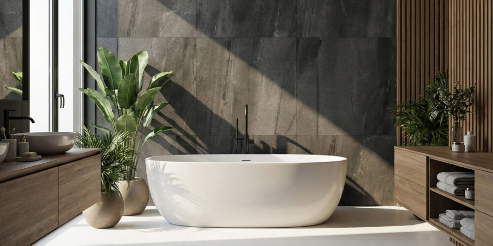 Bathroom scene with 100 x 100 cm Porcelain Tiles