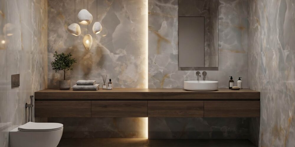 Bathroom scene with 150 x 150 cm Porcelain Slabs