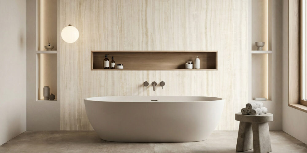Bathroom scene with 150 x 300 cm Porcelain Slabs