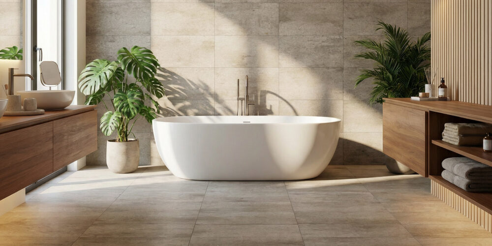 Bathroom scene with 30 x 60 cm Porcelain Tiles