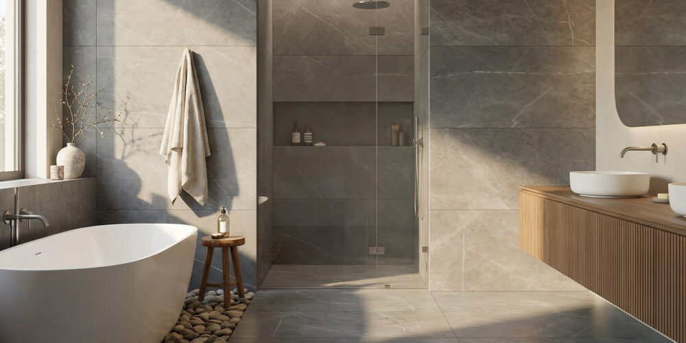 Bathroom scene with 60 x 120 cm Porcelain Tiles