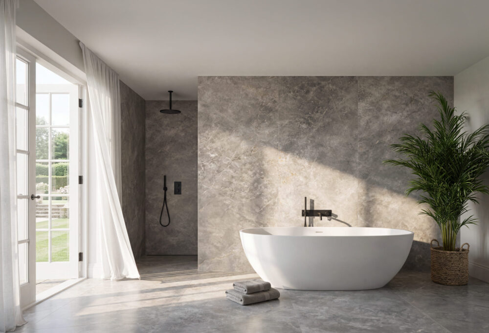 Lifestyle scene 3 for Ariostea Ultra Marmi Fior Di Bosco grey marble effect porcelain tiles
