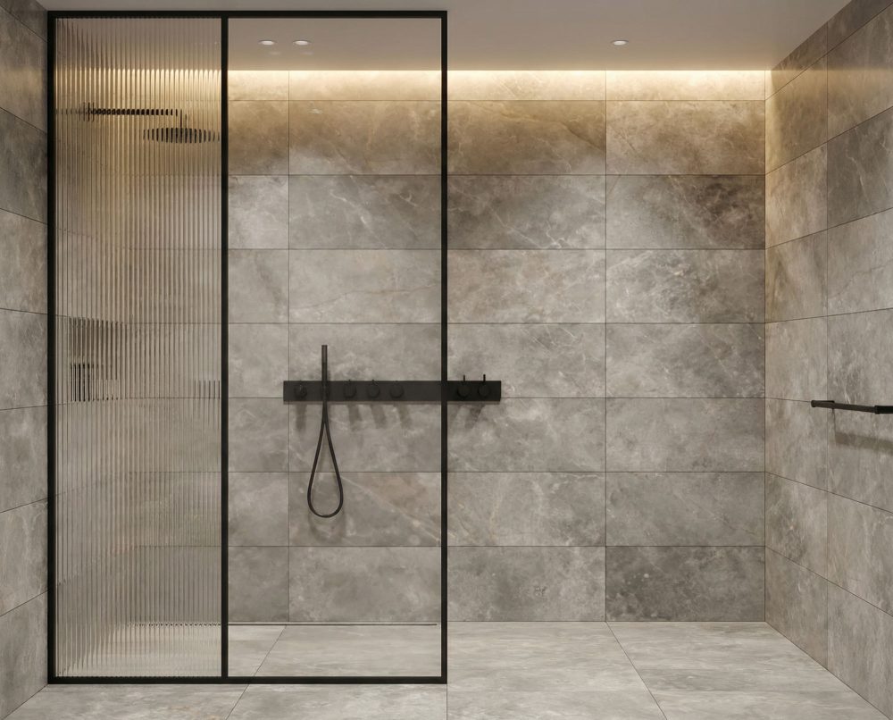 Ariostea Ultra Marmi Fior Di Bosco grey marble effect porcelain tiles in a lifestyle setting