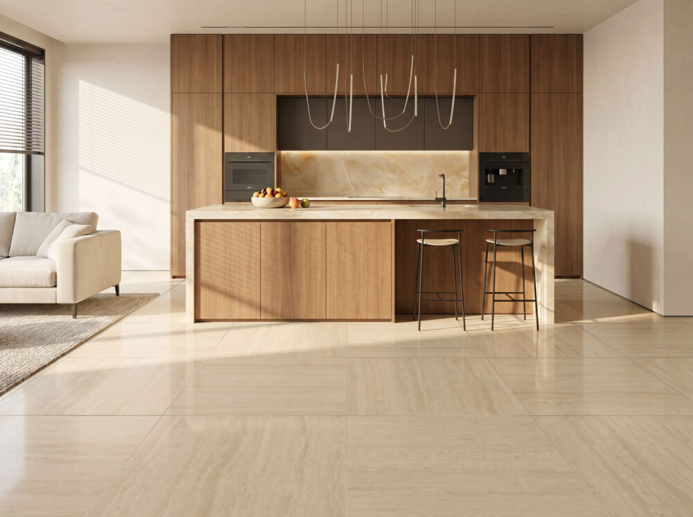 Nabel Navona tan marble effect porcelain tiles in a lifestyle setting