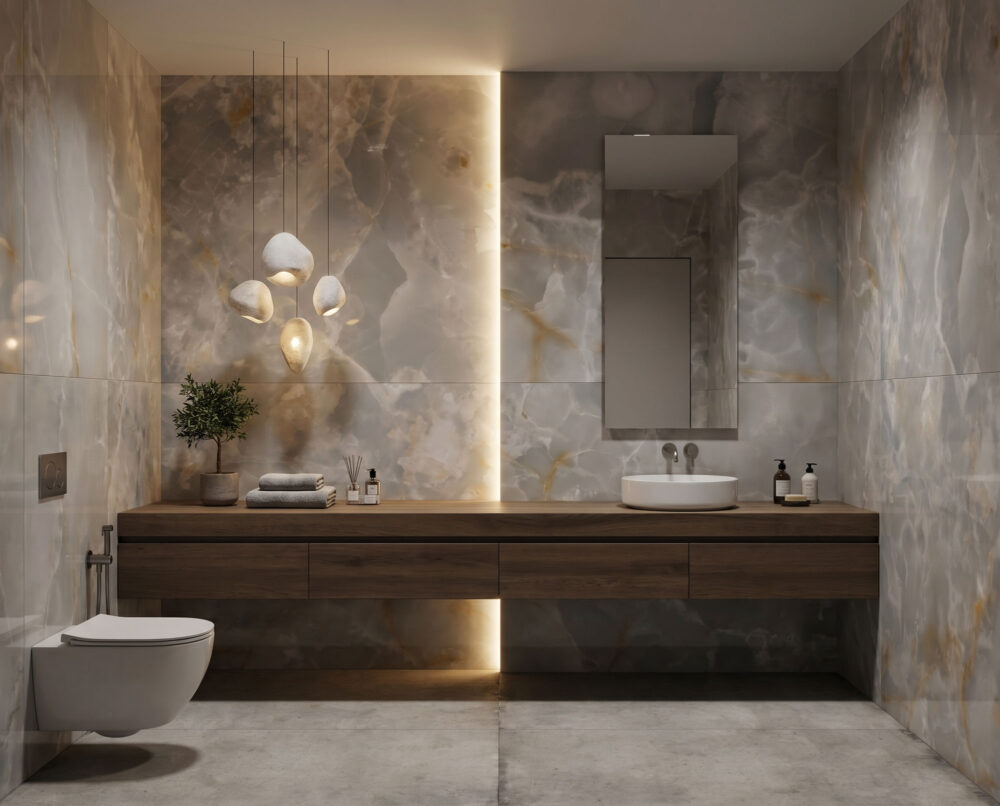 Ariostea Ultra Onici Onice Grigio grey marble effect porcelain tiles in a lifestyle setting