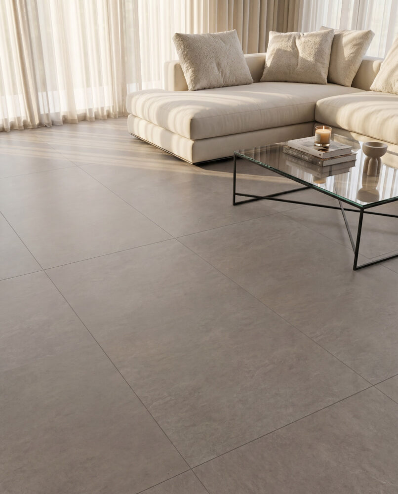 Piemme Urban Terra brown concrete effect porcelain tiles in a lifestyle setting