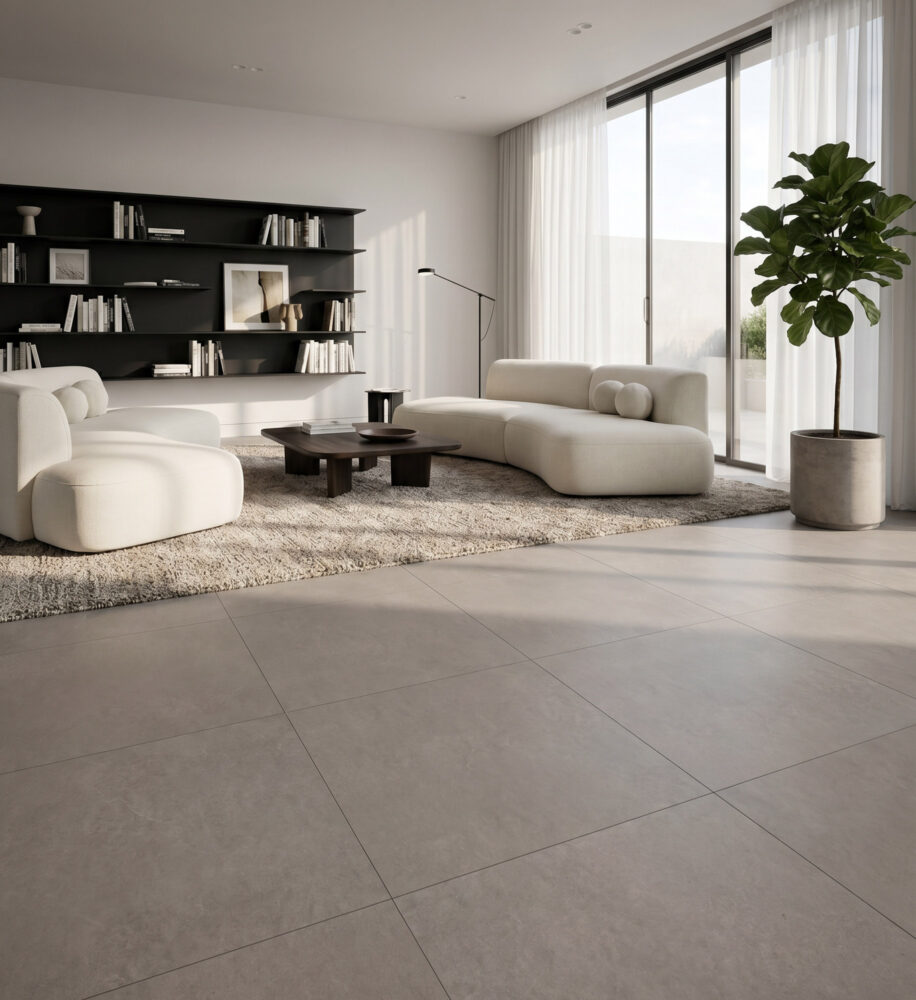 Piemme Urban Terra brown concrete effect porcelain tiles in a lifestyle setting